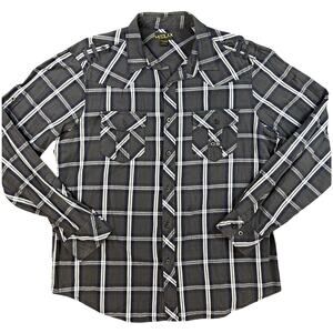 Helix Men’s XL Plaid Button Front Shirt Gray Blue Utility Epaulet Long Sleeve